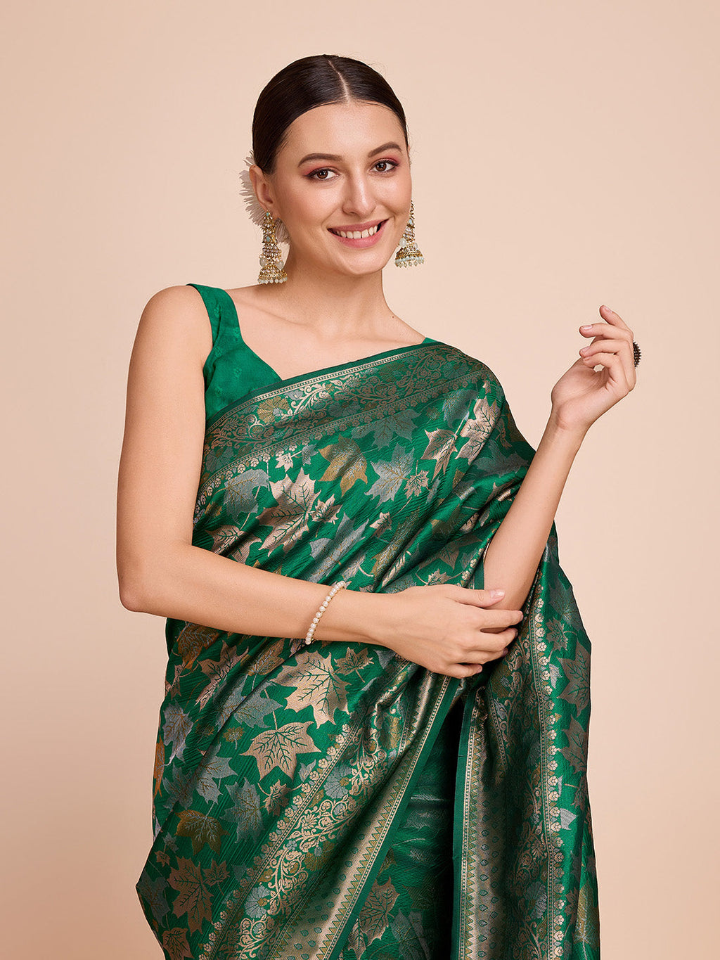 Vedant Vastram Soft Litchi Silk Banarasi Silk Saree - Green | Grocsy
