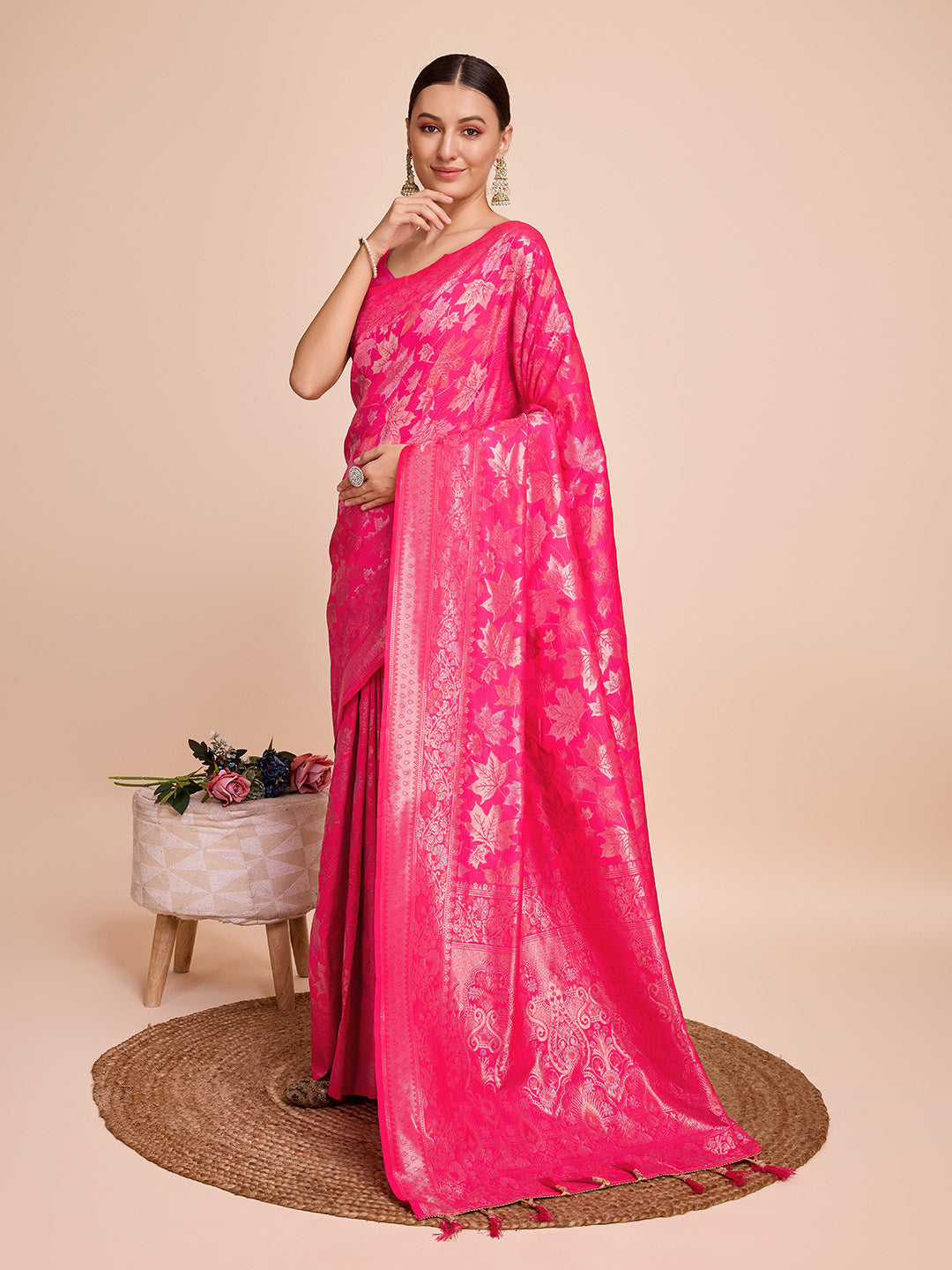 Vedant Vastram Soft Litchi Silk Banarasi Silk Saree - Magenta | Grocsy