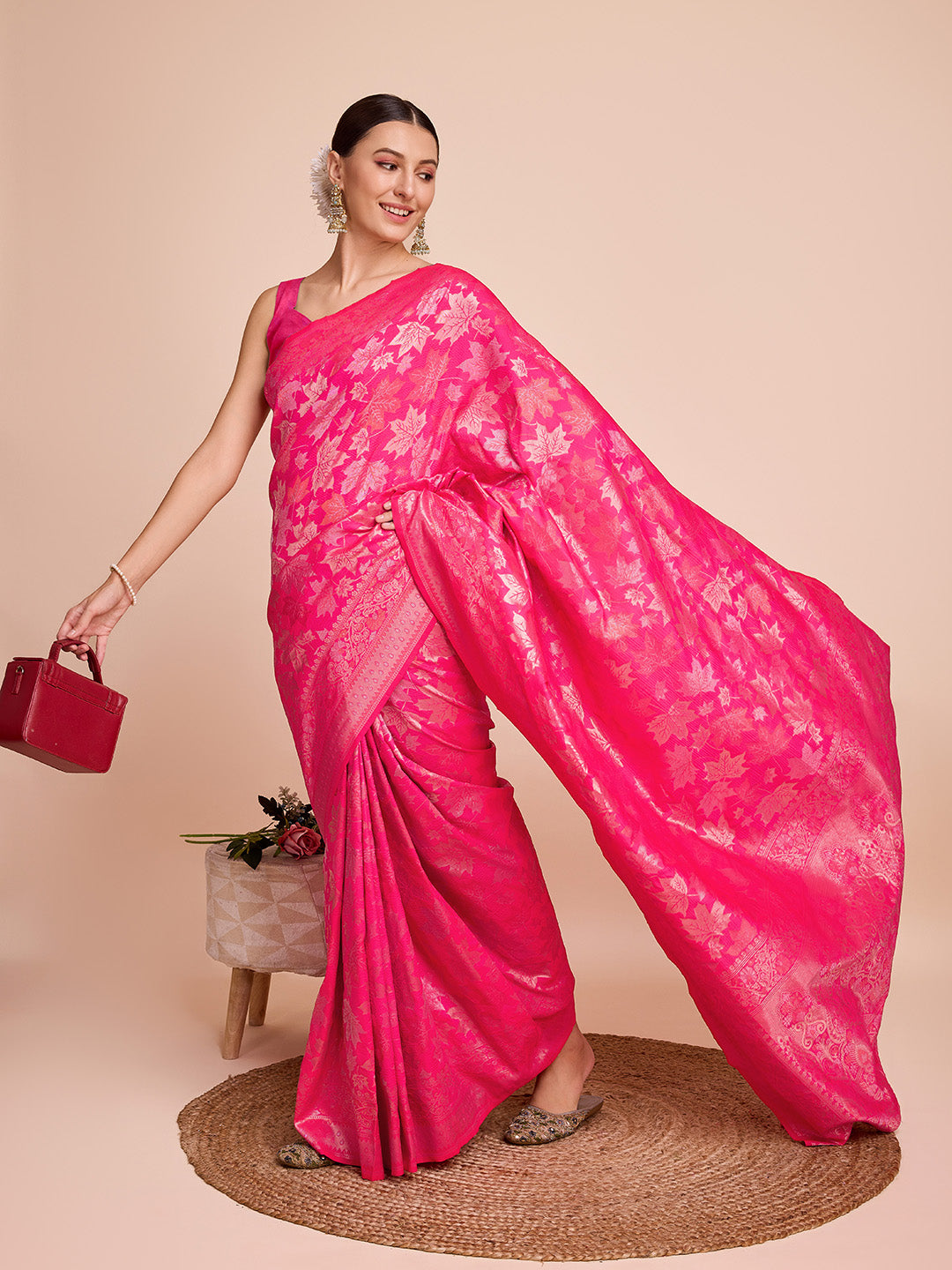 Vedant Vastram Soft Litchi Silk Banarasi Silk Saree - Magenta | Grocsy