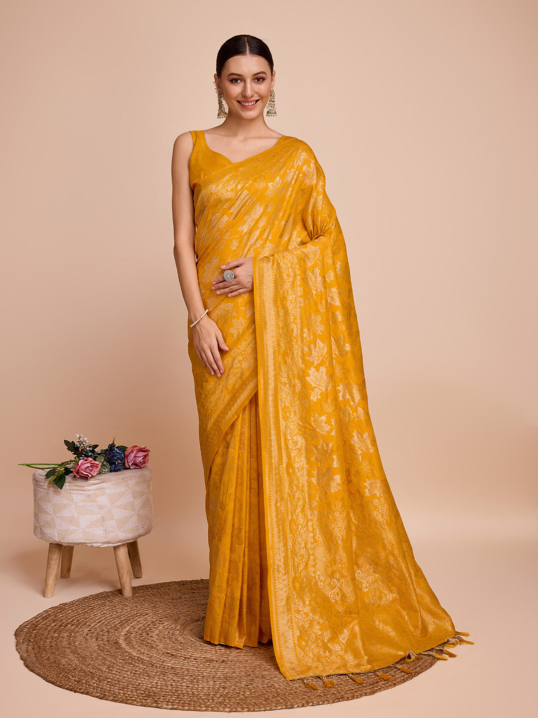 Vedant Vastram Soft Litchi Silk Banarasi Silk Saree - Mustard | Grocsy
