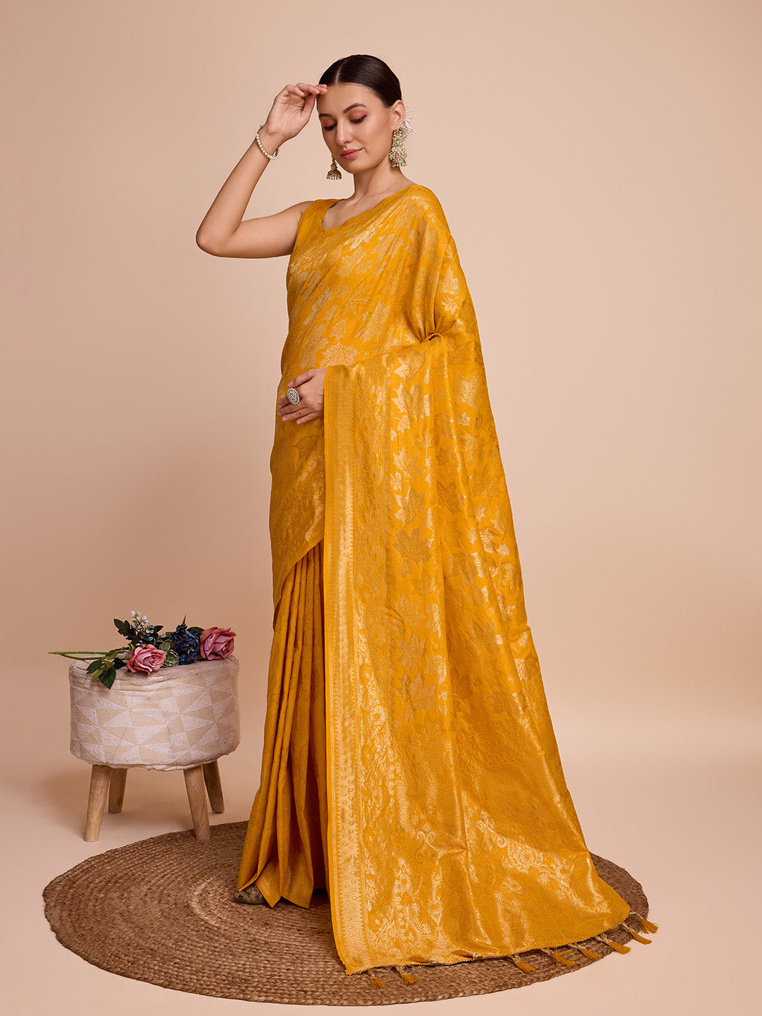 Vedant Vastram Soft Litchi Silk Banarasi Silk Saree - Mustard | Grocsy