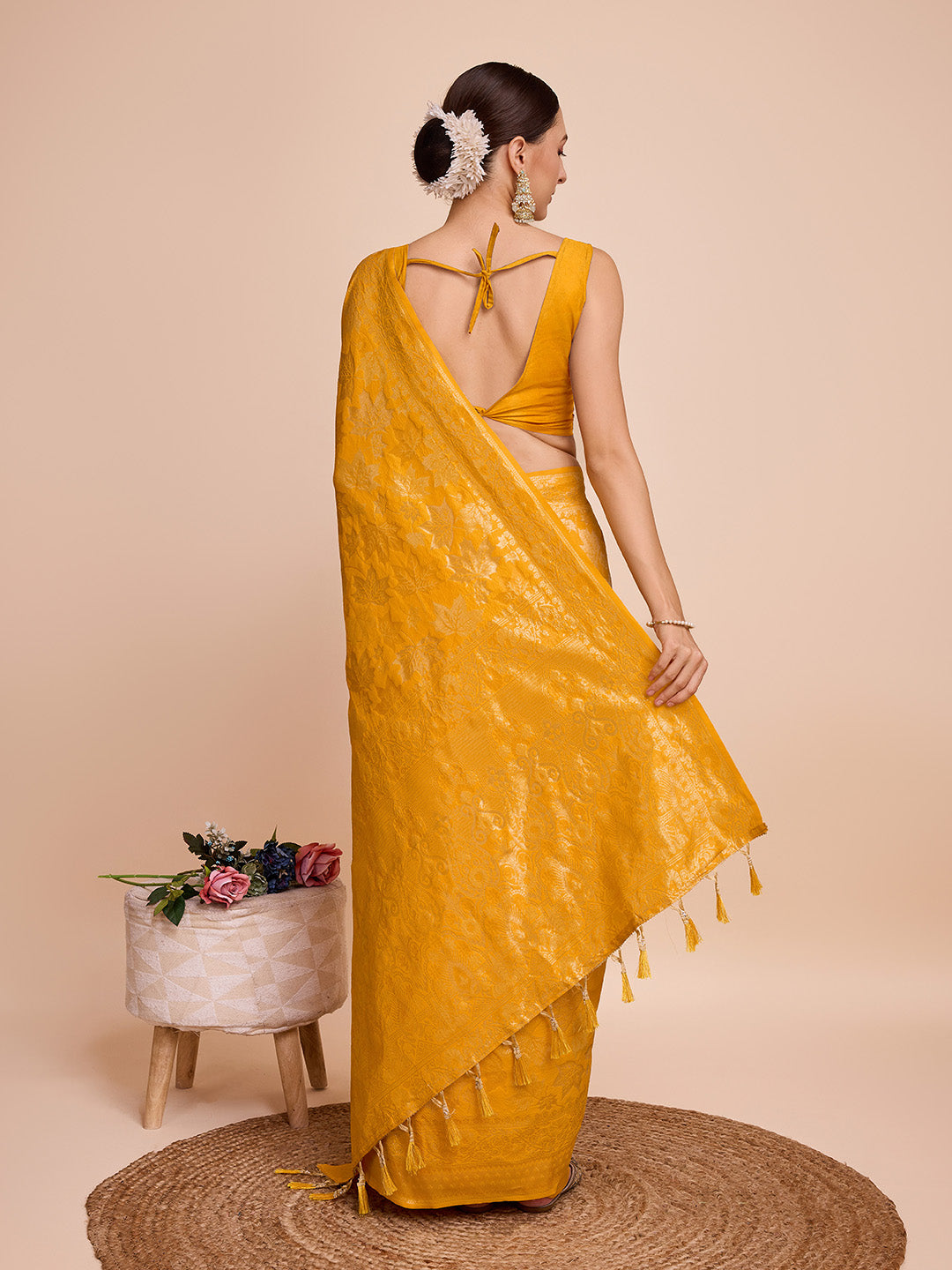 Vedant Vastram Soft Litchi Silk Banarasi Silk Saree - Mustard | Grocsy