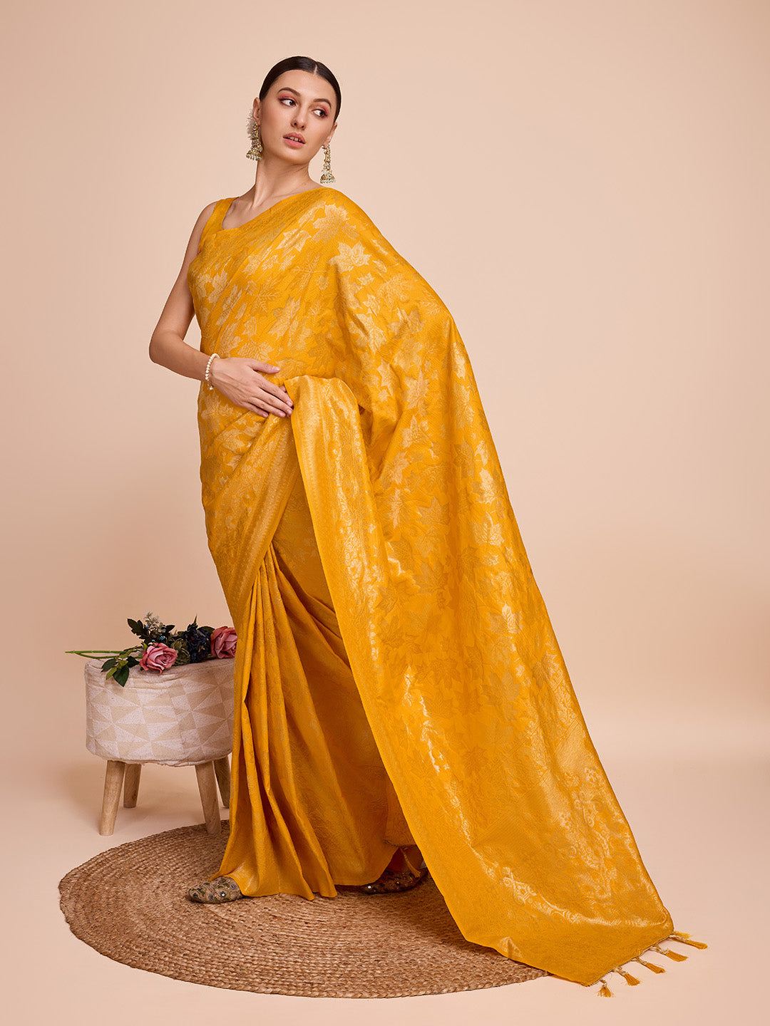 Vedant Vastram Soft Litchi Silk Banarasi Silk Saree - Mustard | Grocsy