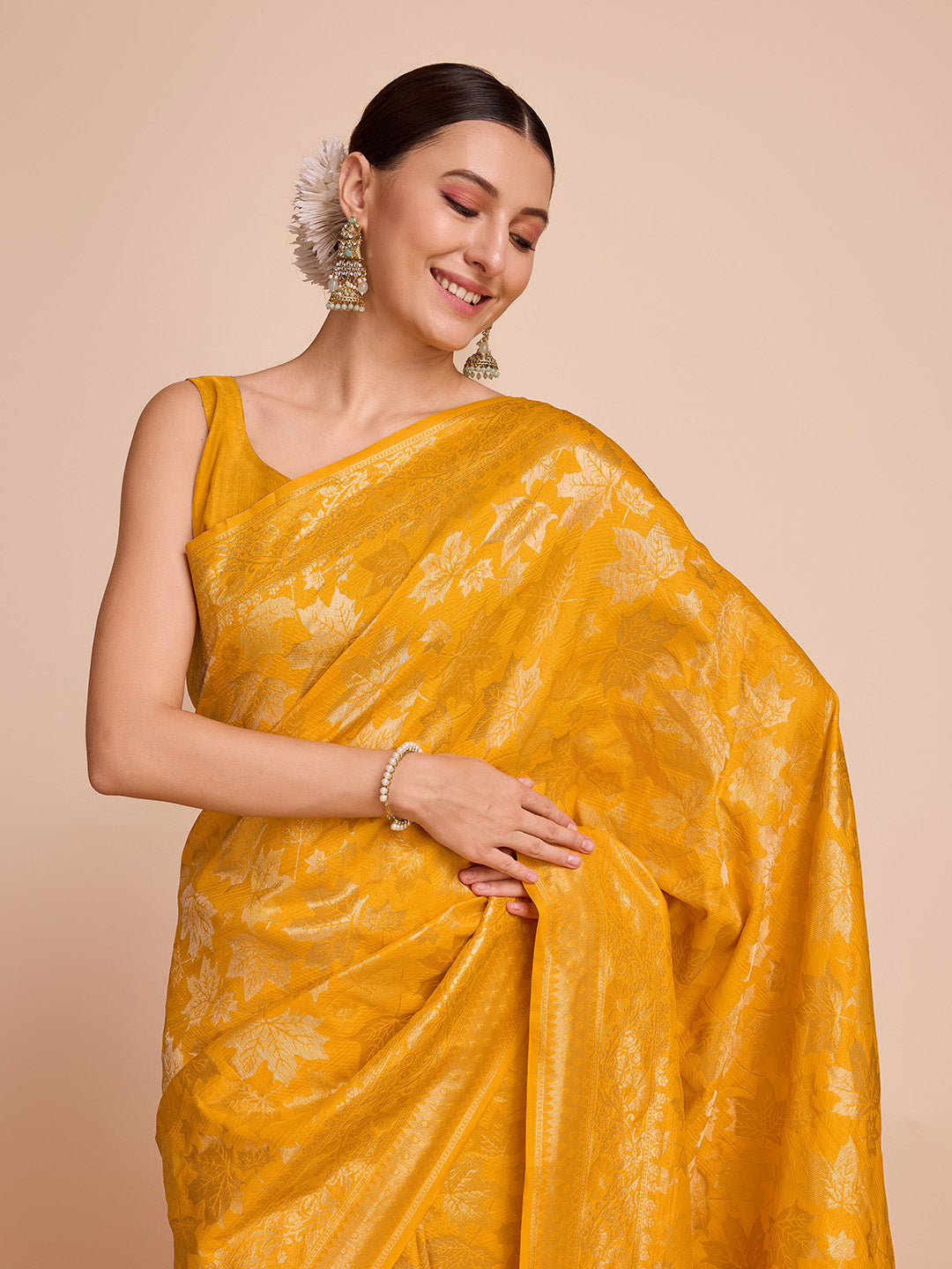 Vedant Vastram Soft Litchi Silk Banarasi Silk Saree - Mustard | Grocsy