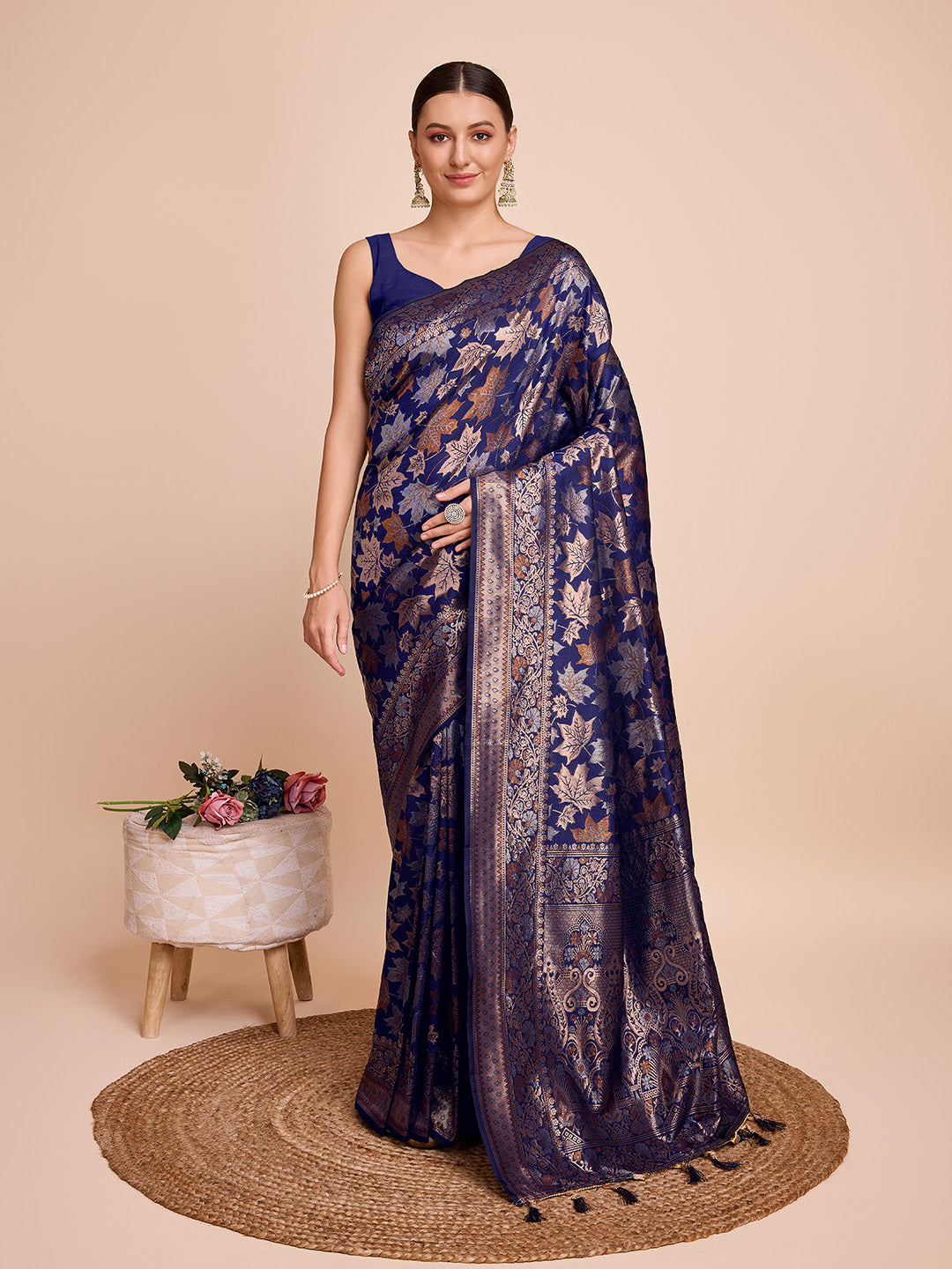 Vedant Vastram Soft Litchi Silk Banarasi Silk Saree - Navy | Grocsy