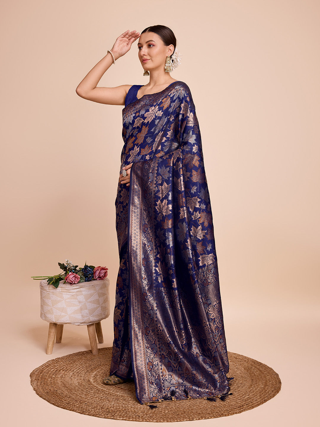 Vedant Vastram Soft Litchi Silk Banarasi Silk Saree - Navy | Grocsy