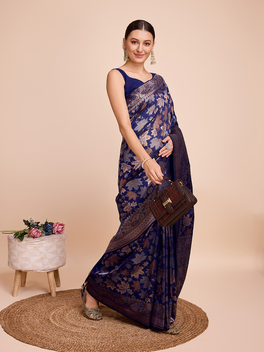 Vedant Vastram Soft Litchi Silk Banarasi Silk Saree - Navy | Grocsy