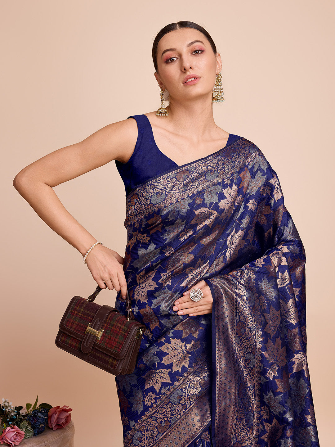 Vedant Vastram Soft Litchi Silk Banarasi Silk Saree - Navy | Grocsy
