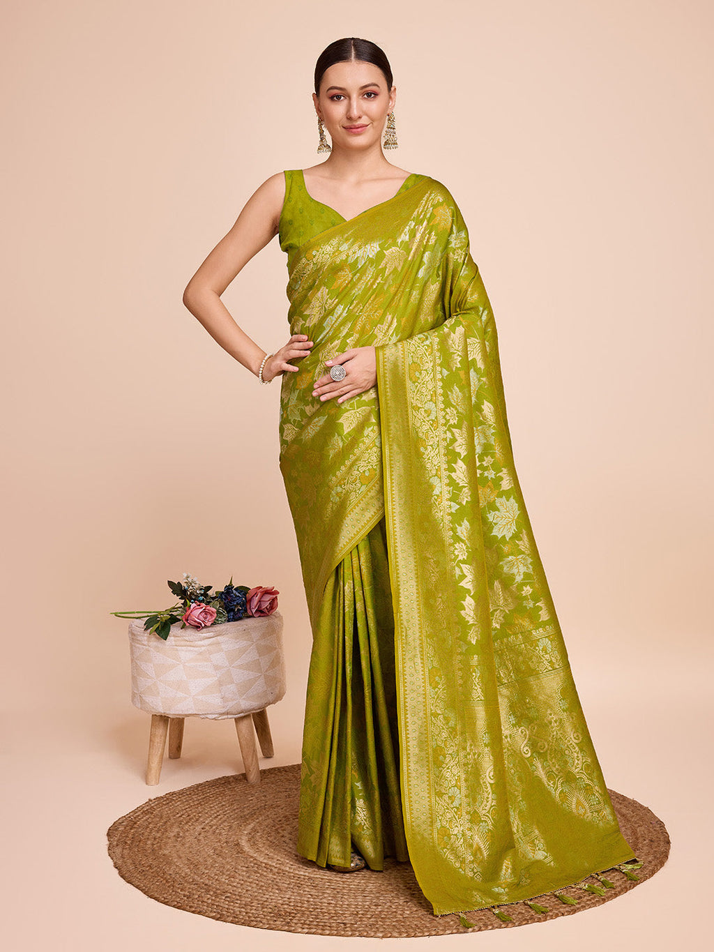 Vedant Vastram Soft Litchi Silk Banarasi Silk Saree - Olive | Grocsy