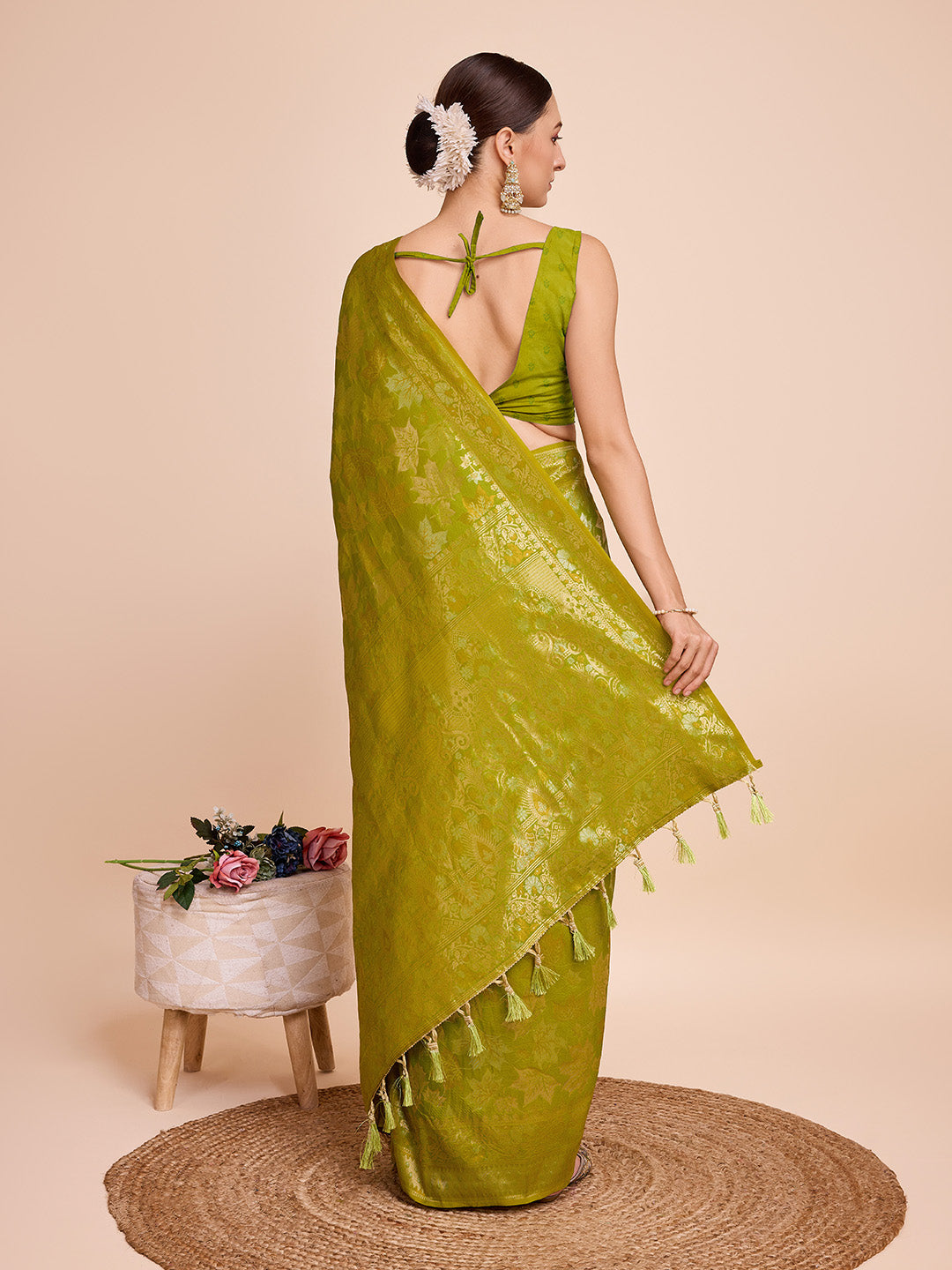 Vedant Vastram Soft Litchi Silk Banarasi Silk Saree - Olive | Grocsy