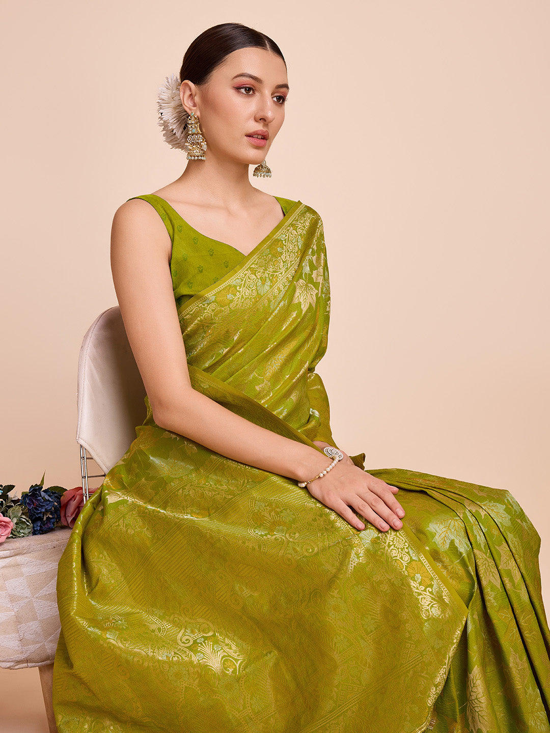Vedant Vastram Soft Litchi Silk Banarasi Silk Saree - Olive | Grocsy