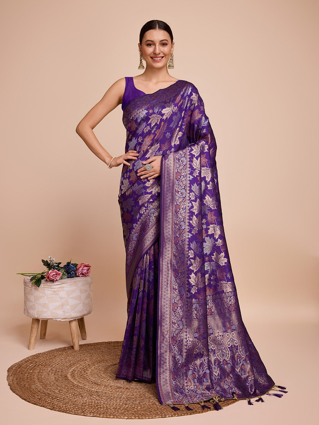Vedant Vastram Soft Litchi Silk Banarasi Silk Saree - Violet | Grocsy