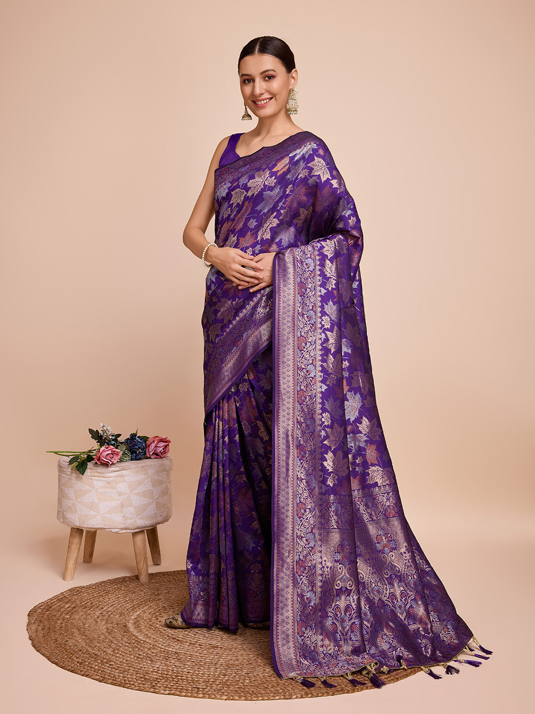Vedant Vastram Soft Litchi Silk Banarasi Silk Saree - Violet | Grocsy