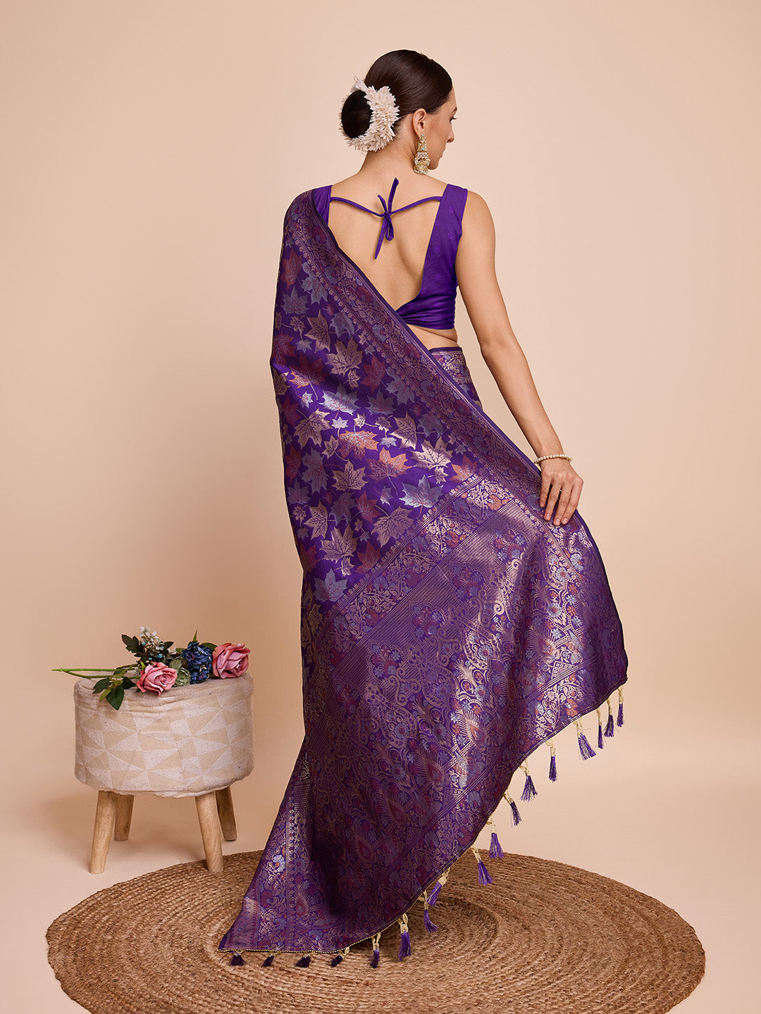 Vedant Vastram Soft Litchi Silk Banarasi Silk Saree - Violet | Grocsy