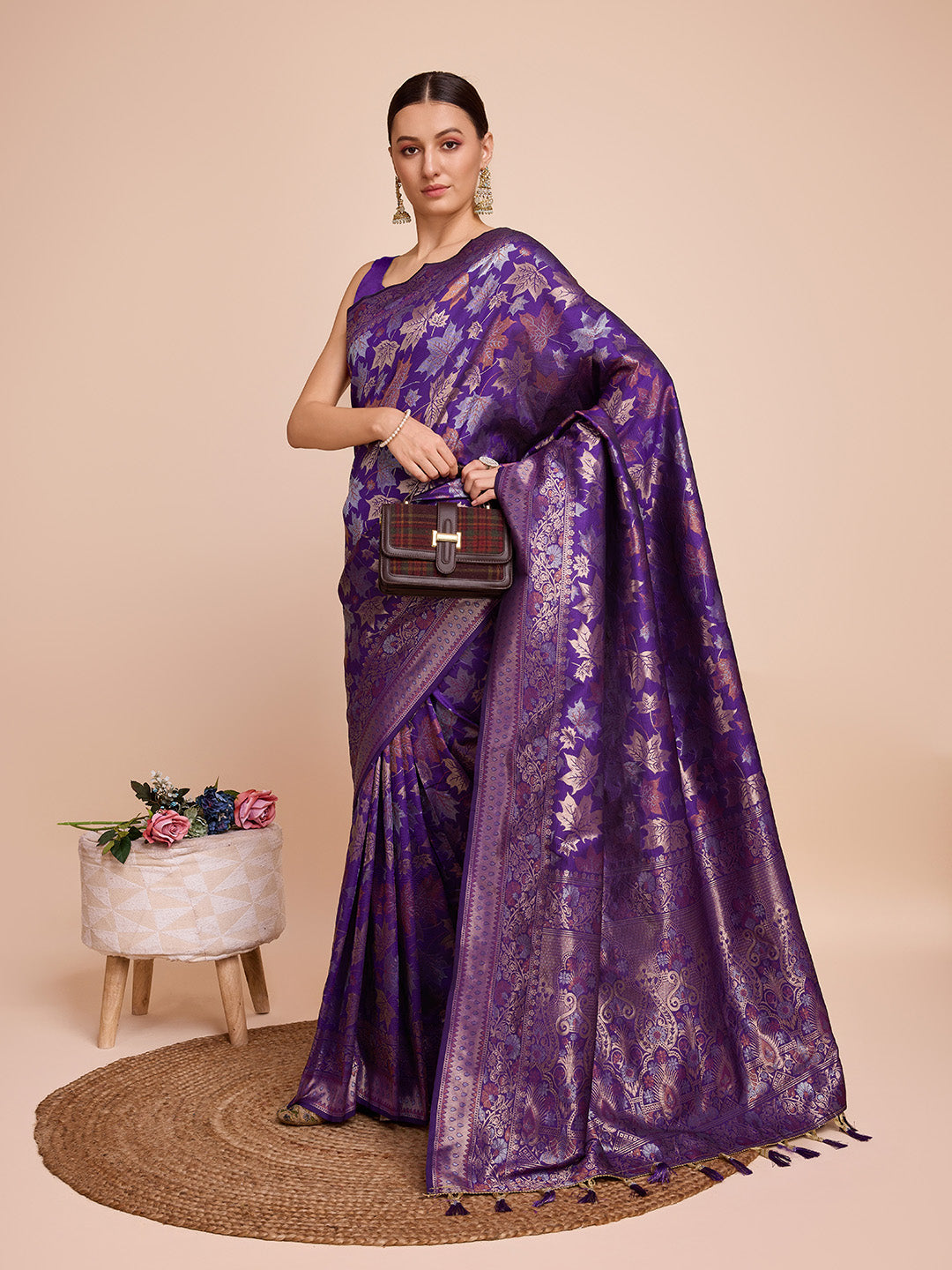 Vedant Vastram Soft Litchi Silk Banarasi Silk Saree - Violet | Grocsy