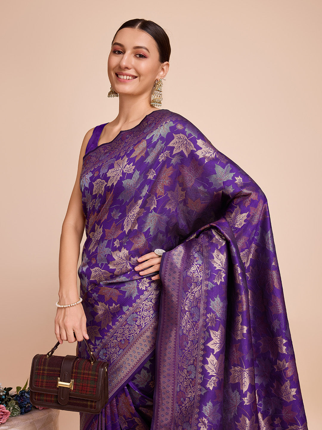 Vedant Vastram Soft Litchi Silk Banarasi Silk Saree - Violet | Grocsy