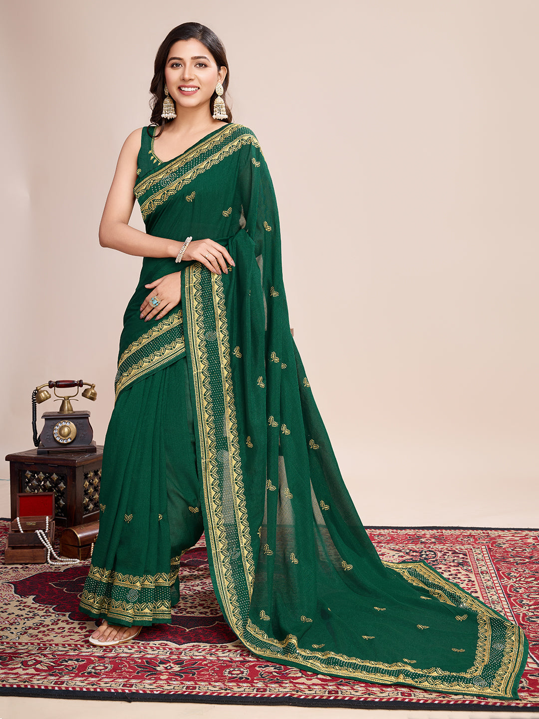 Vedant Vastram Vichitra Silk Embroidered Work Saree - Green | Grocsy