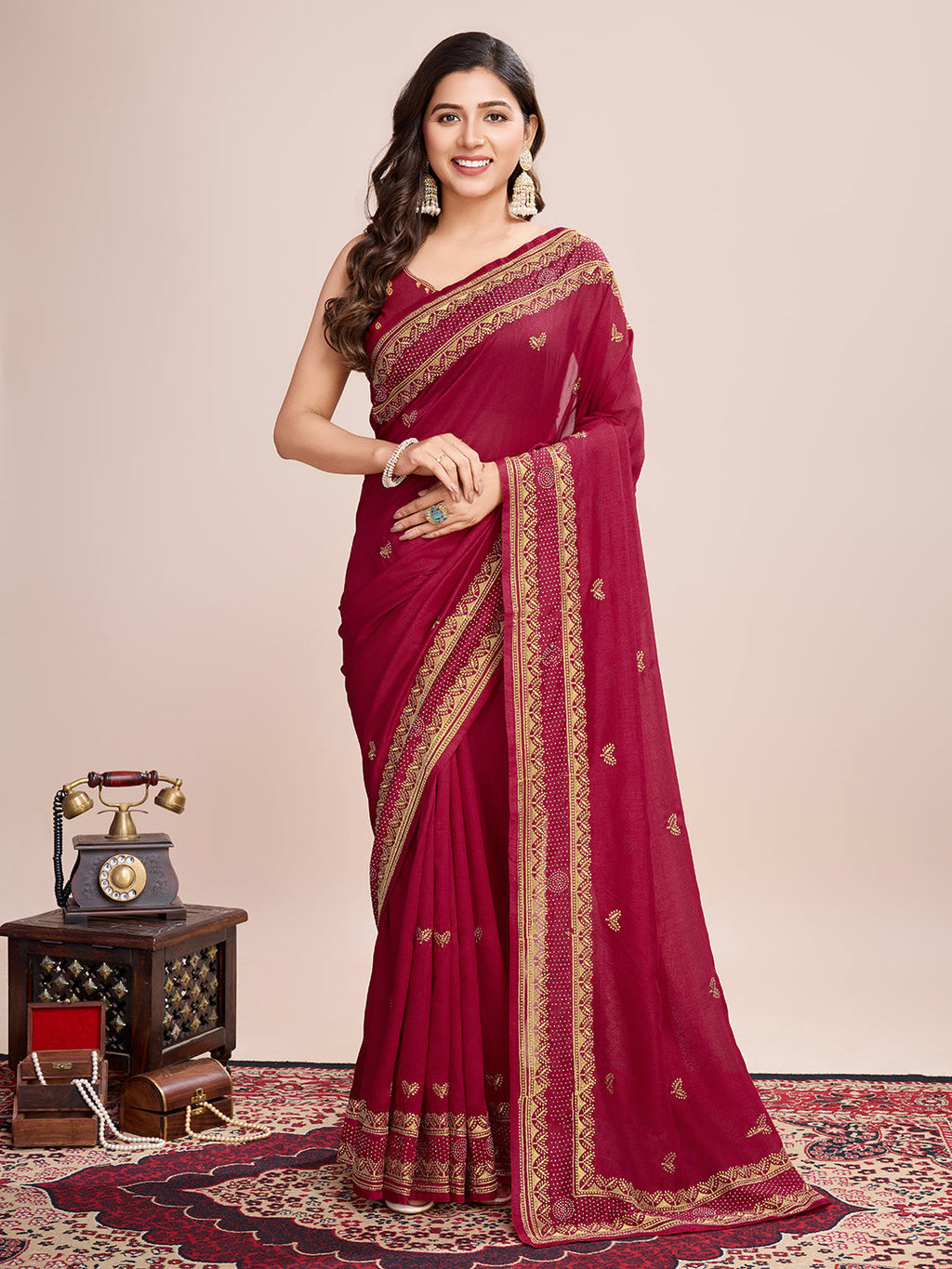Vedant Vastram Vichitra Silk Embroidered Work Saree - Maroon | Grocsy