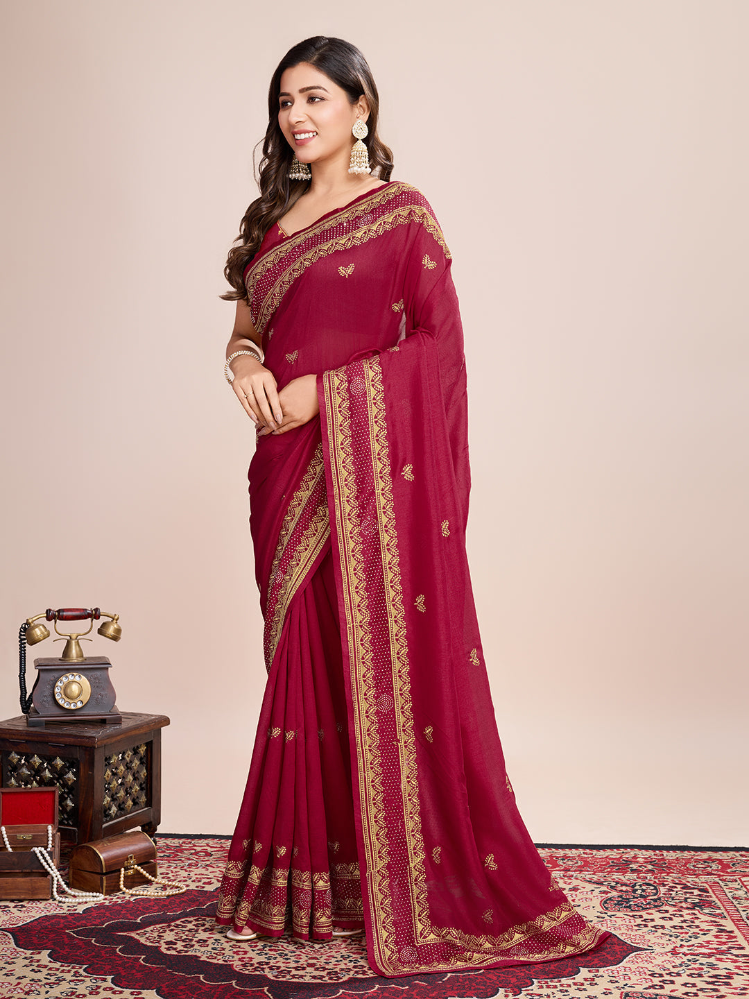Vedant Vastram Vichitra Silk Embroidered Work Saree - Maroon | Grocsy