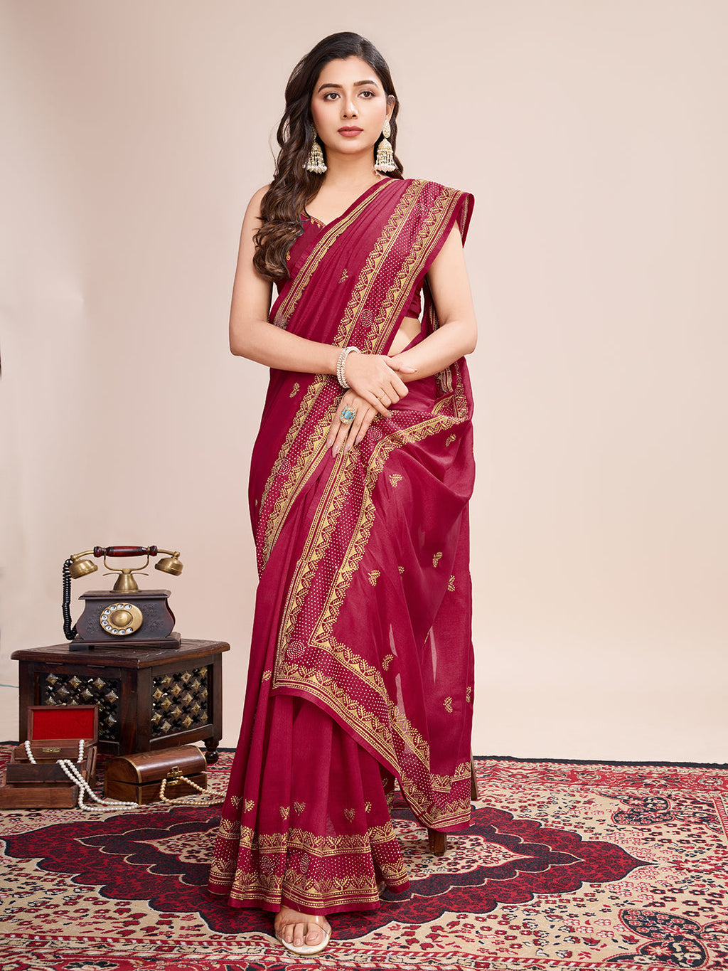 Vedant Vastram Vichitra Silk Embroidered Work Saree - Maroon | Grocsy