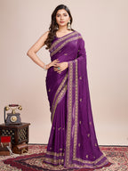 Vedant Vastram Vichitra Silk Embroidered Work Saree - Purple | Grocsy