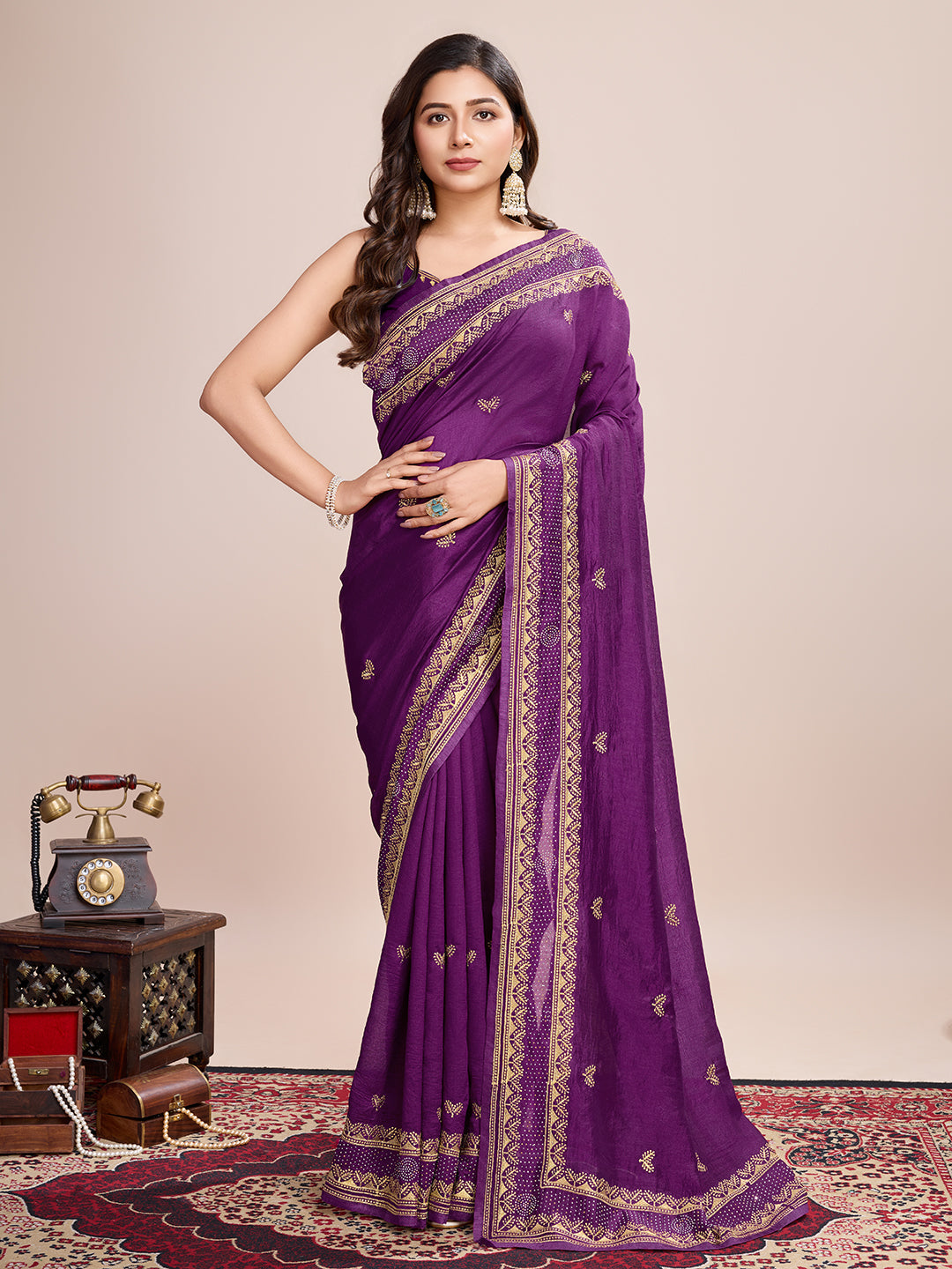 Vedant Vastram Vichitra Silk Embroidered Work Saree - Purple | Grocsy