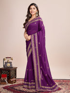 Vedant Vastram Vichitra Silk Embroidered Work Saree - Purple | Grocsy