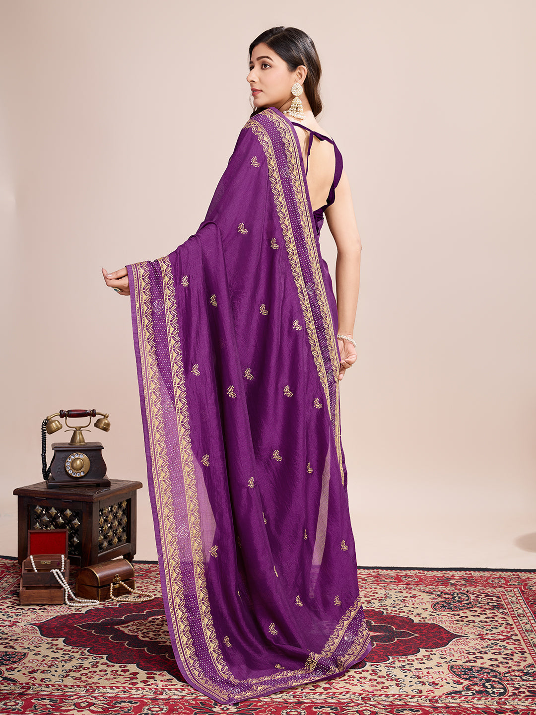 Vedant Vastram Vichitra Silk Embroidered Work Saree - Purple | Grocsy
