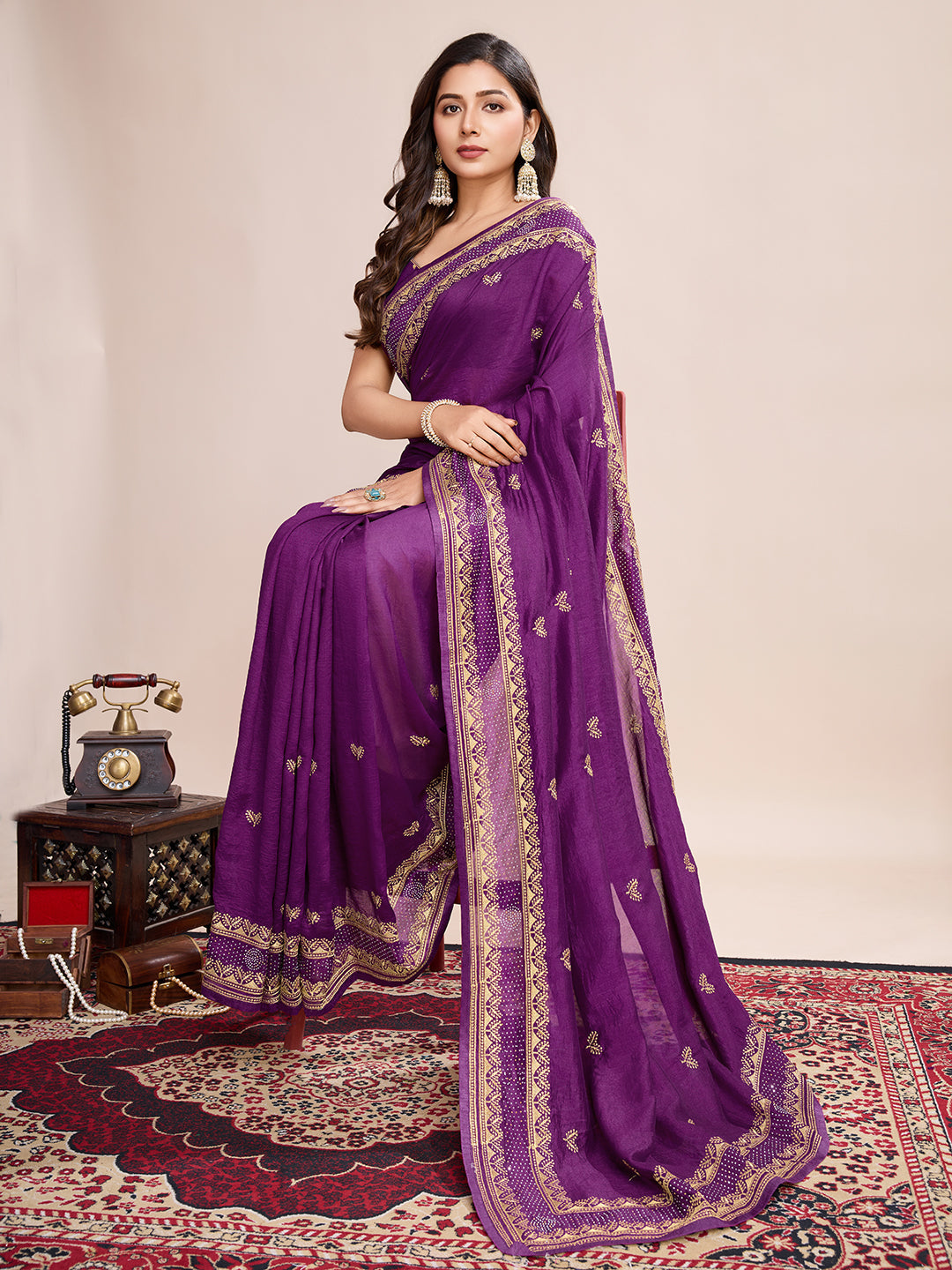 Vedant Vastram Vichitra Silk Embroidered Work Saree - Purple | Grocsy