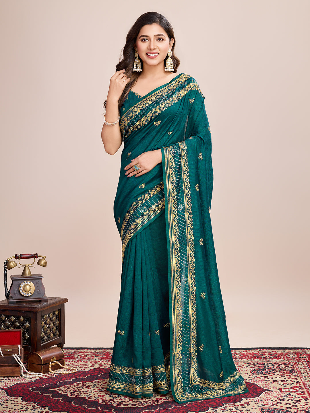 Vedant Vastram Vichitra Silk Embroidered Work Saree - Seegreen | Grocsy