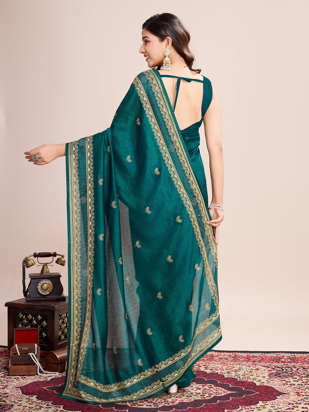 Vedant Vastram Vichitra Silk Embroidered Work Saree - Seegreen | Grocsy