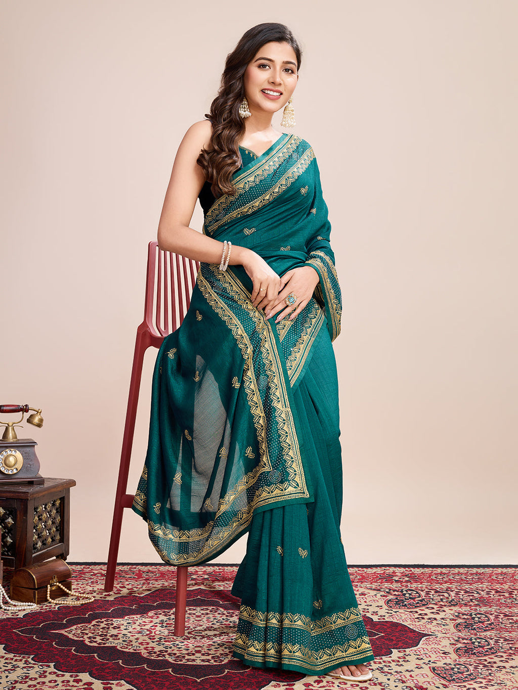 Vedant Vastram Vichitra Silk Embroidered Work Saree - Seegreen | Grocsy