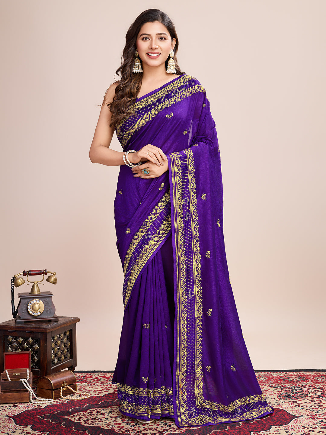 Vedant Vastram Vichitra Silk Embroidered Work Saree - Violet | Grocsy