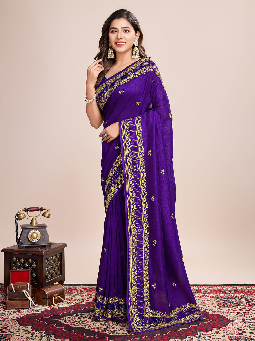 Vedant Vastram Vichitra Silk Embroidered Work Saree - Violet | Grocsy
