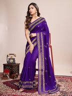 Vedant Vastram Vichitra Silk Embroidered Work Saree - Violet | Grocsy