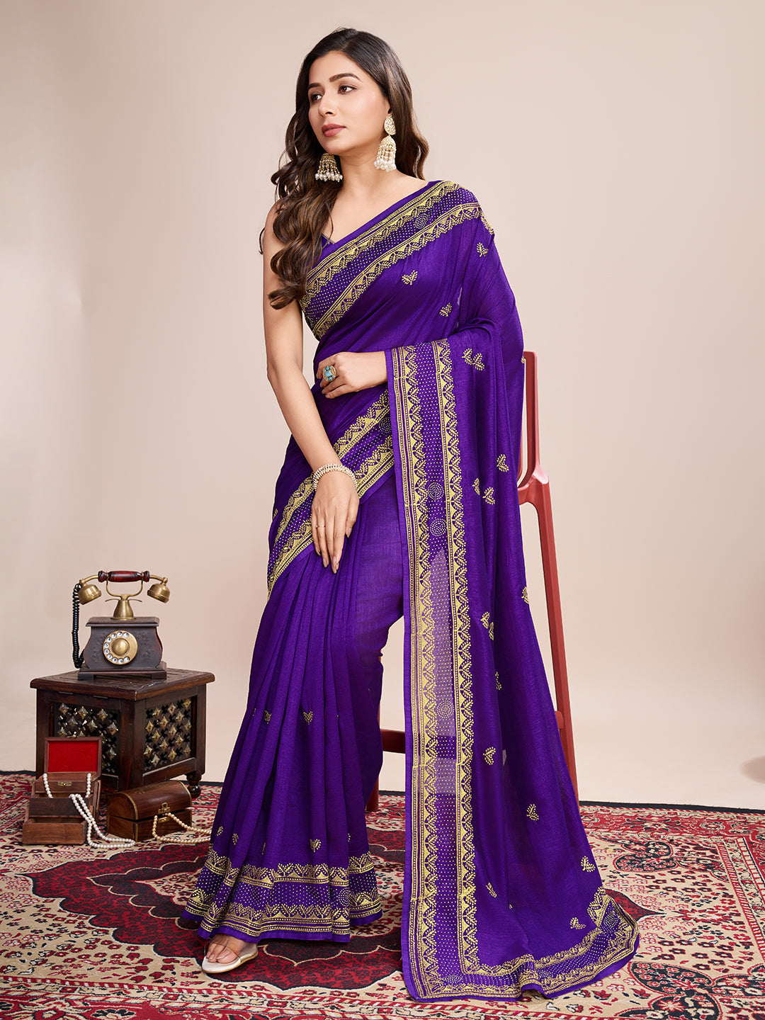 Vedant Vastram Vichitra Silk Embroidered Work Saree - Violet | Grocsy