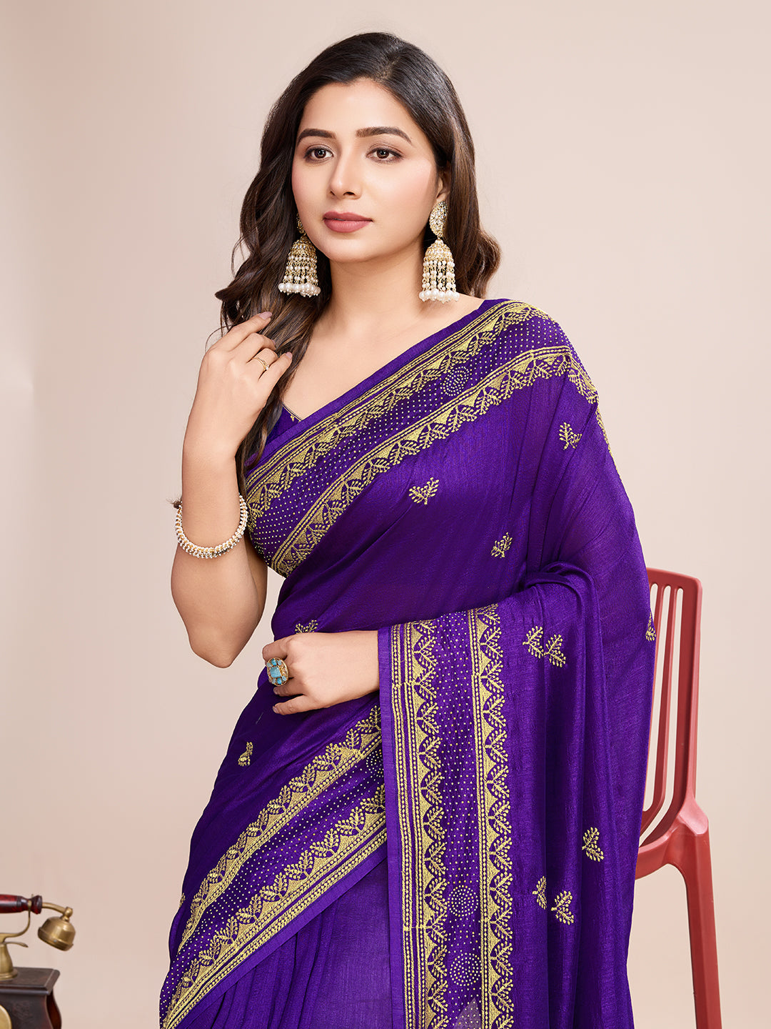 Vedant Vastram Vichitra Silk Embroidered Work Saree - Violet | Grocsy