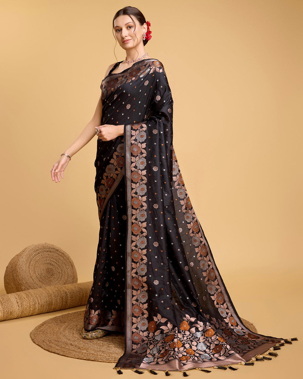 Vedant Vastram Soft Litchi Silk Banarasi Silk Saree - Black | Grocsy
