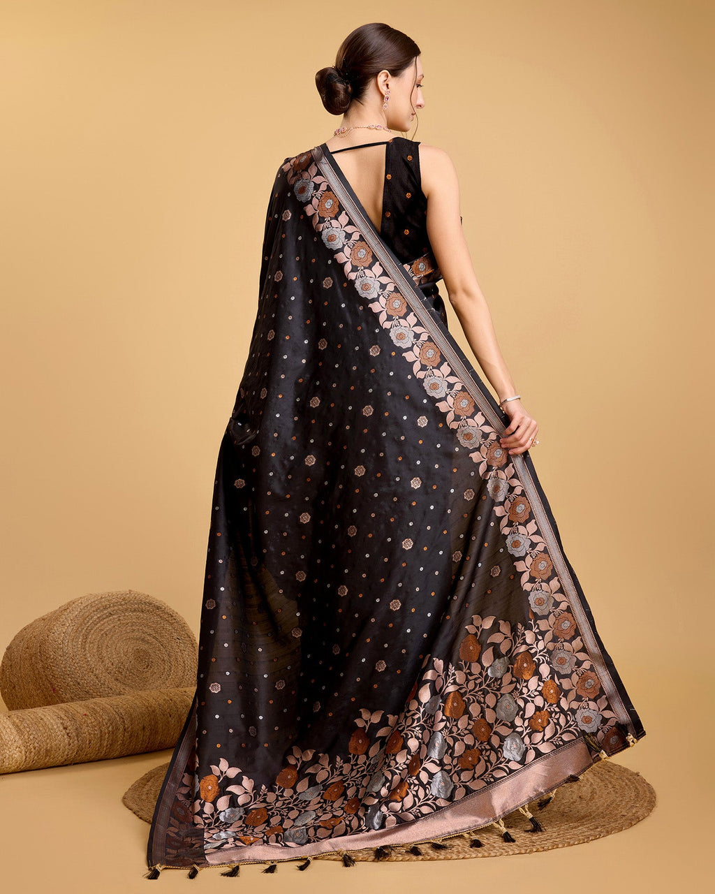 Vedant Vastram Soft Litchi Silk Banarasi Silk Saree - Black | Grocsy
