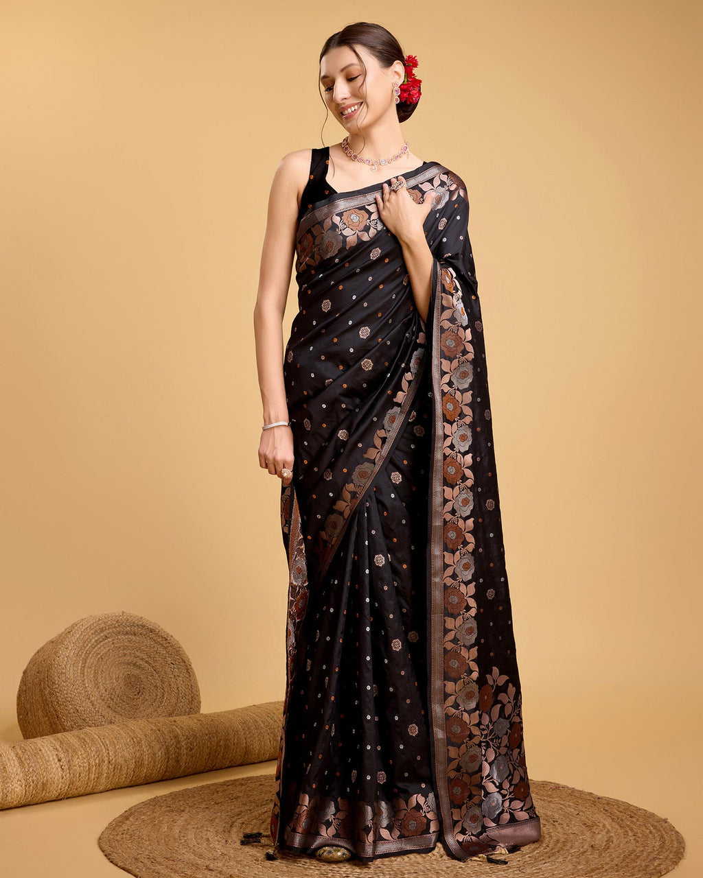 Vedant Vastram Soft Litchi Silk Banarasi Silk Saree - Black | Grocsy