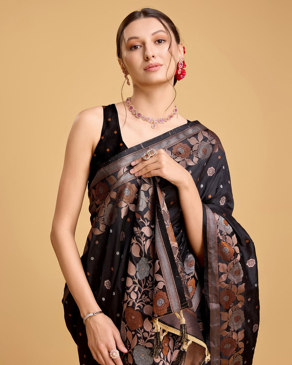 Vedant Vastram Soft Litchi Silk Banarasi Silk Saree - Black | Grocsy