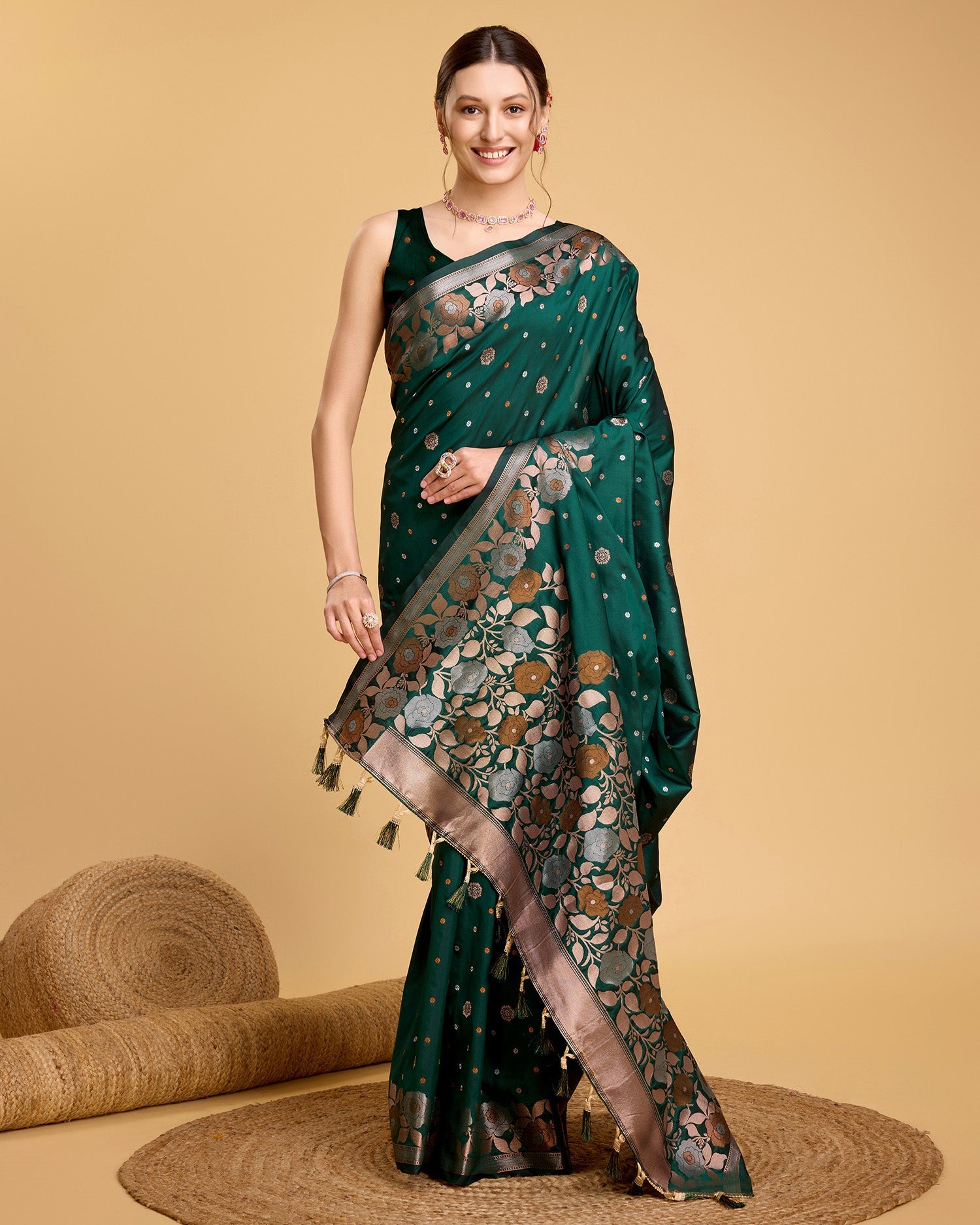 Vedant Vastram Soft Litchi Silk Banarasi Silk Saree - Green | Grocsy