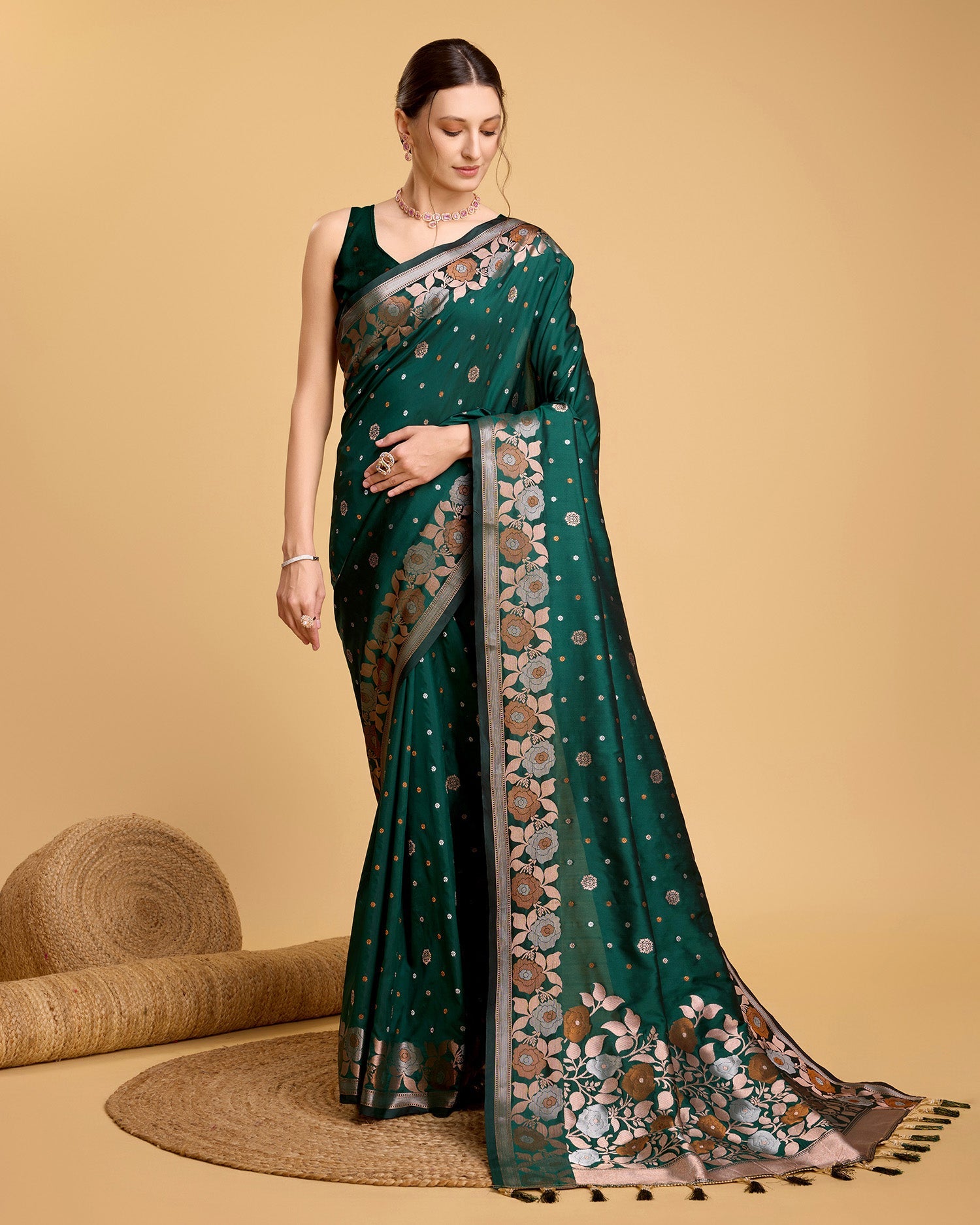 Vedant Vastram Soft Litchi Silk Banarasi Silk Saree - Green | Grocsy