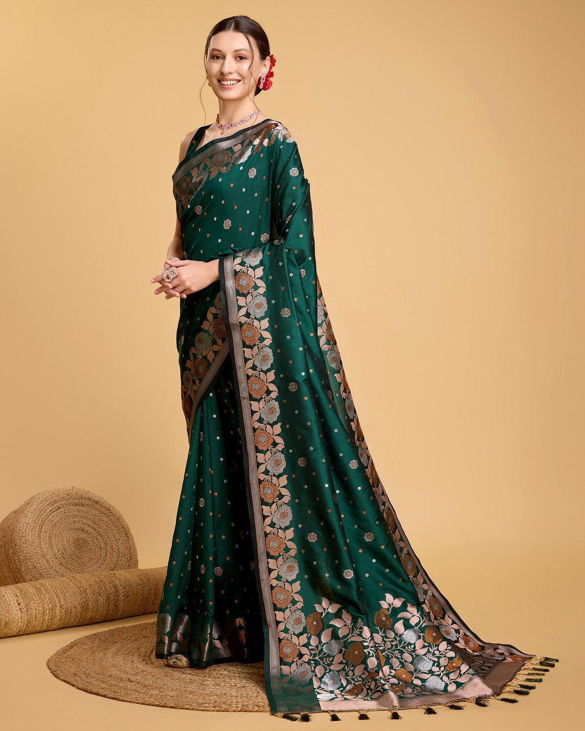 Vedant Vastram Soft Litchi Silk Banarasi Silk Saree - Green | Grocsy