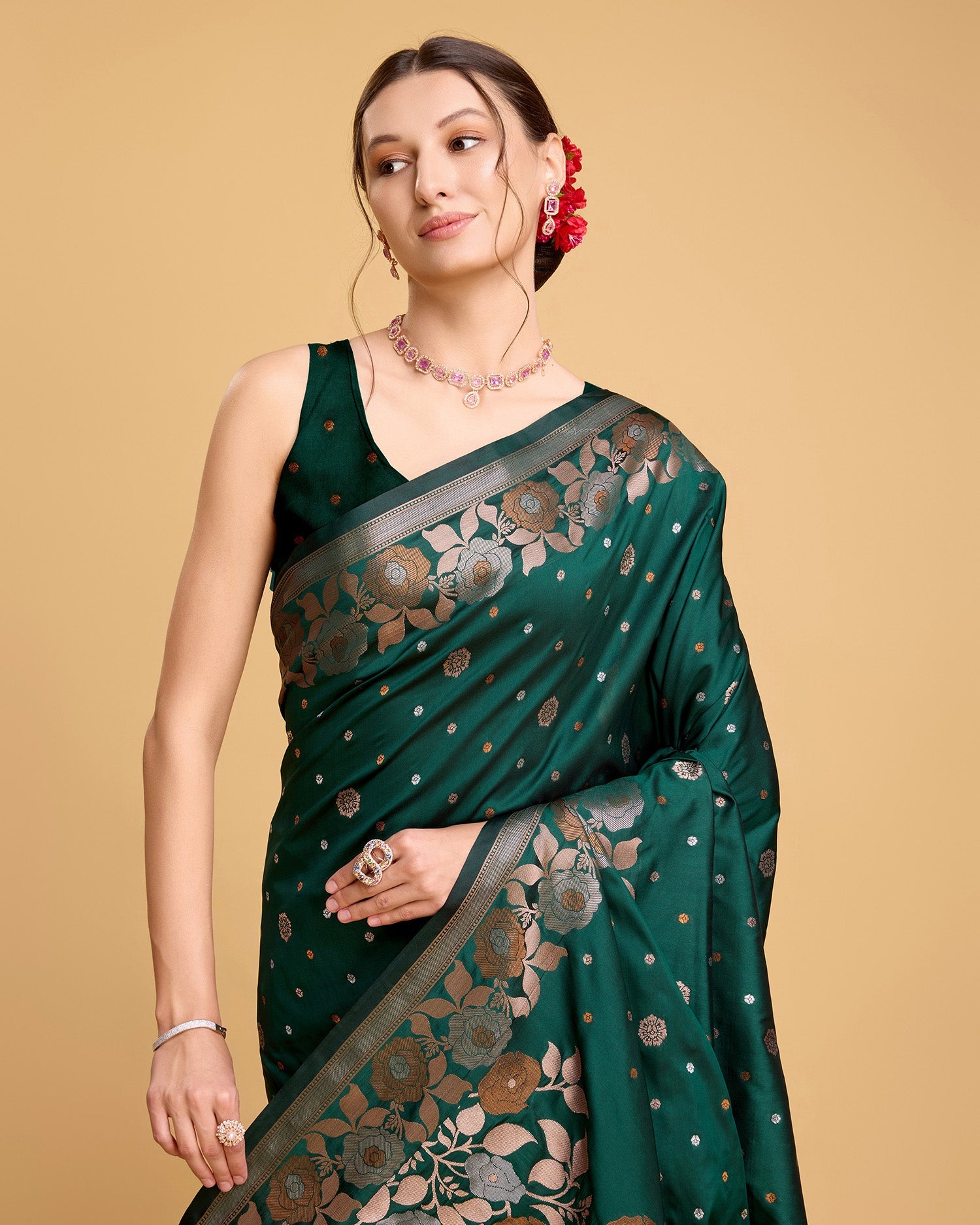 Vedant Vastram Soft Litchi Silk Banarasi Silk Saree - Green | Grocsy