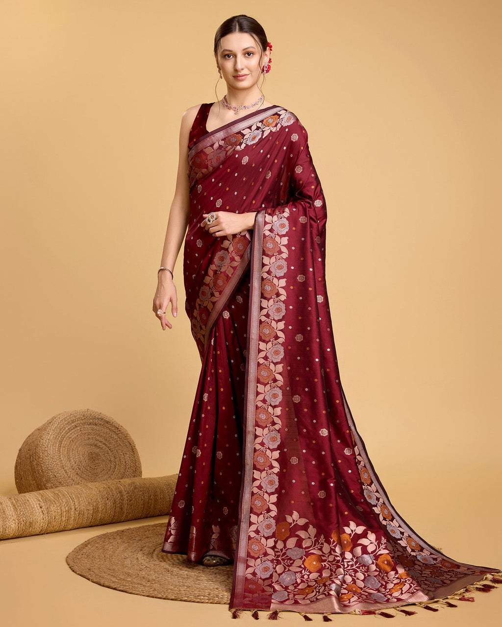 Vedant Vastram Soft Litchi Silk Banarasi Silk Saree - Maroon | Grocsy