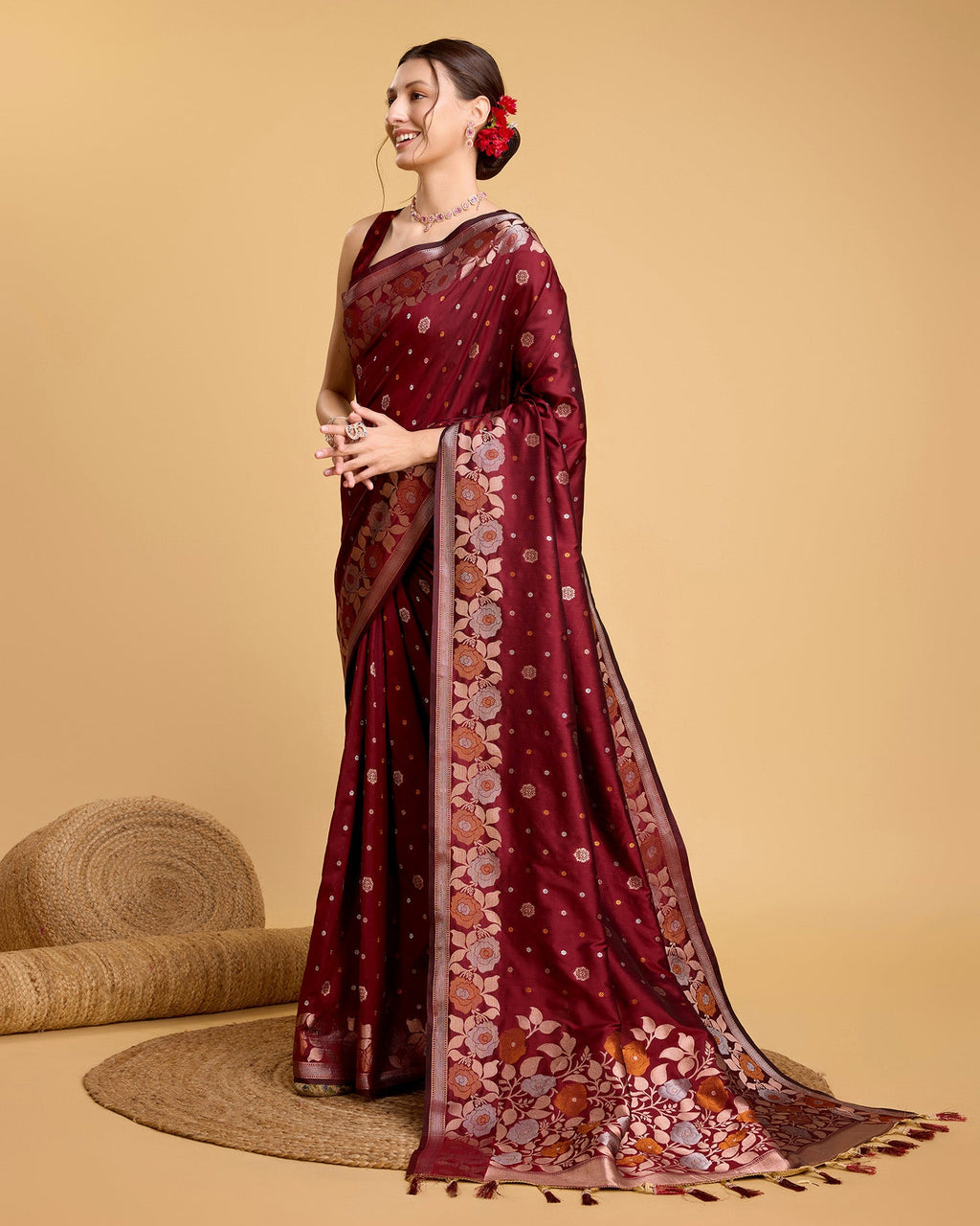 Vedant Vastram Soft Litchi Silk Banarasi Silk Saree - Maroon | Grocsy