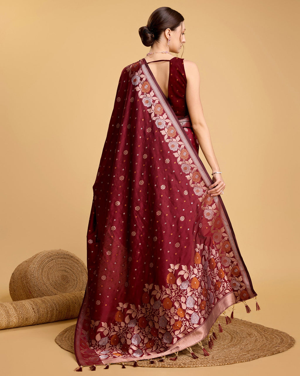 Vedant Vastram Soft Litchi Silk Banarasi Silk Saree - Maroon | Grocsy
