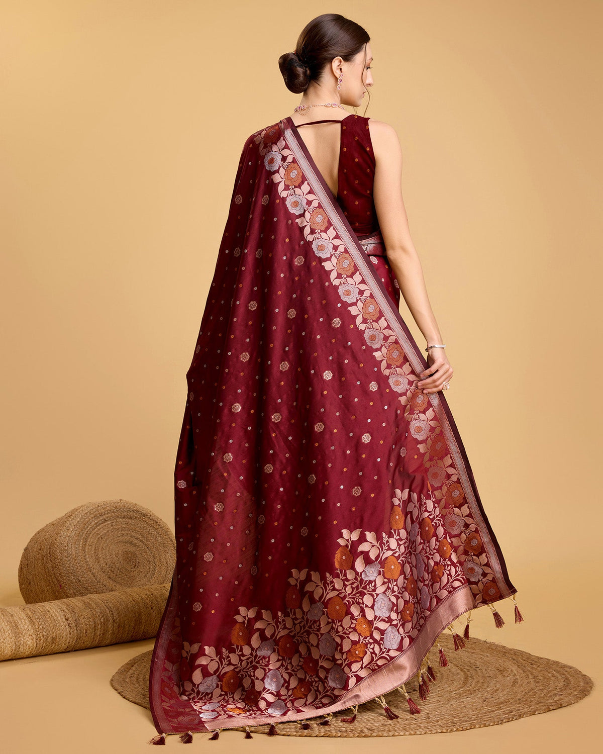 Vedant Vastram Soft Litchi Silk Banarasi Silk Saree - Maroon | Grocsy