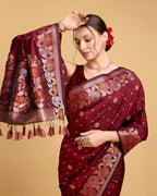 Vedant Vastram Soft Litchi Silk Banarasi Silk Saree - Maroon | Grocsy